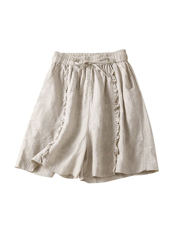 Women Cotton Linen Wide Leg Shorts High Waist Shorts Elastic Leisure Comfy Shorts Quick Dry Workout Knee Length Shorts With Pockets Solid Beige M
