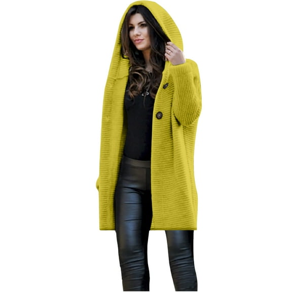 Tuphregyow Women Fall Long Sleeve Cable Knit Sweater Loose Outerwear Button Down Trendy Solid Open Front Cardigan Hooded Casual Boyfriend Lightweight Slouchy Oversized Yellow XXXXXL