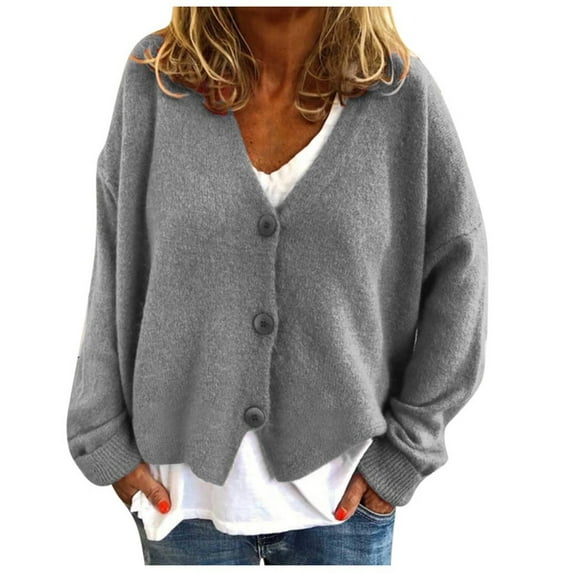 Tuphregyow Women Fall Long Sleeve Cable Knit Sweater Open Front Cardigan Solid Casual Lightweight Leisure Slouchy Oversized Trendy Loose Outerwear Button Down Gray XL