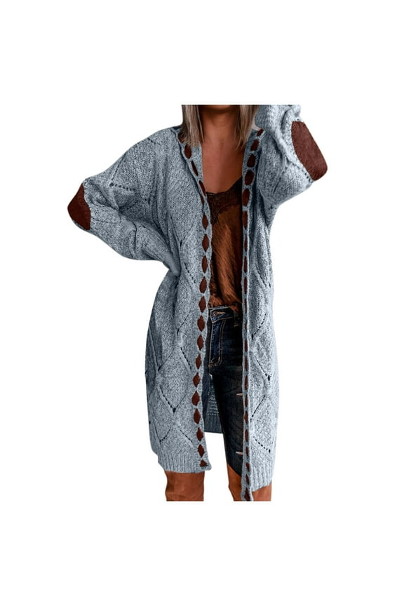 Women Fall Long Sleeve Cable Knit Sweater Print Trendy Casual Warm Comfy Lightweight Slouchy Oversized Loose Outerwear Open Front Cardigan Blue L