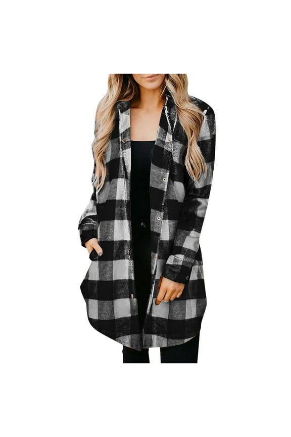 Women Flannel Shacket Jacket Cardigan Boyfriend Lapel Plaid Print Long Sleeve Button Down Chest Pocketed Shirts Jacket Loose Coats Trendy Black XXL
