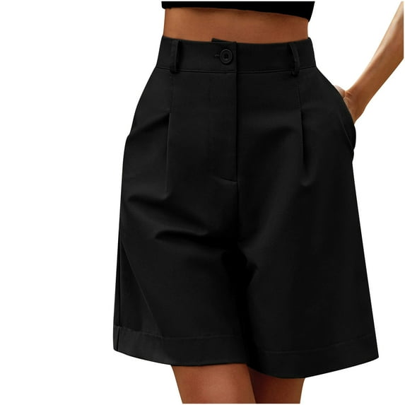 Tuphregyow Women High Waist Button Shorts Elastic Leisure Comfy Shorts Quick Dry Workout Knee Length Shorts With Pockets Solid Black M