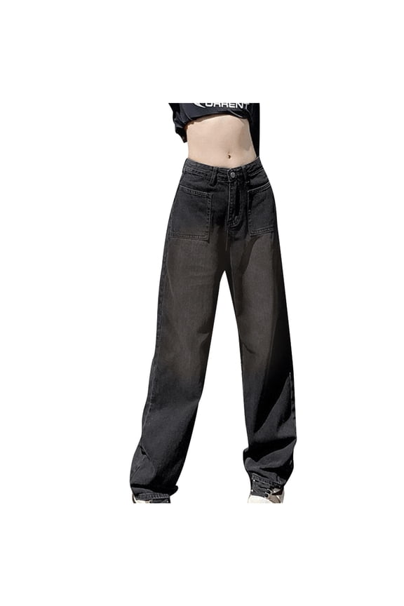 Women High Waist Casual Pants Solid Elastic Baggy Flowy Comfy Trousers Regular Size Wide Leg Long Button Denim Pants Trendy Black M