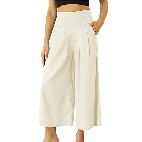 Tuphregyow Women High Waist Casual Pants Clearance Solid Trendy Elastic Soft Flowy Comfy Trousers Regular Size Wide Leg Long Palazzo Pants Beige XXL