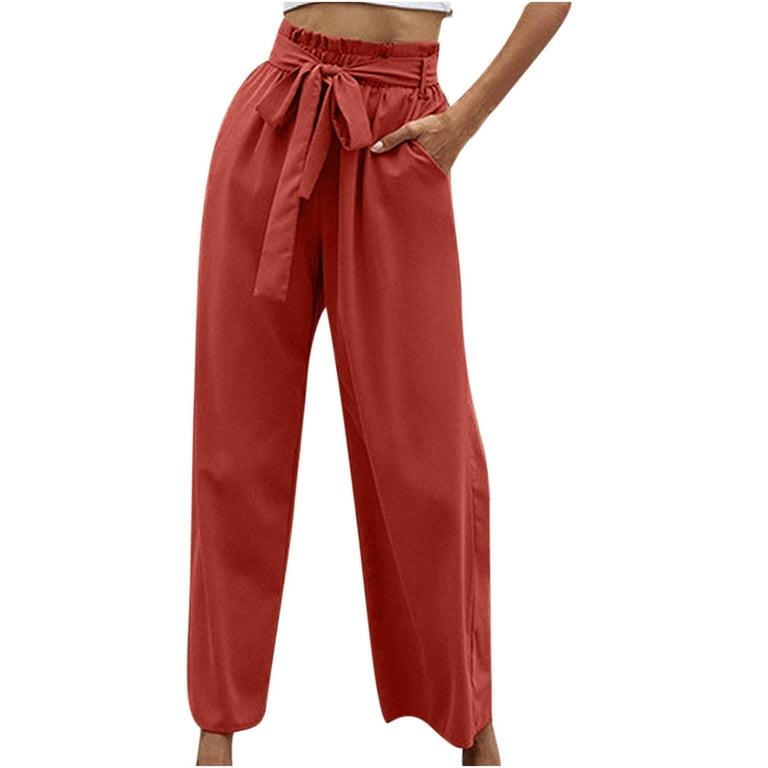 Tuphregyow Women High Waist Casual Pants Clearance Trousers Regular Size  with Belt Solid Trendy Wide Leg Long Palazzo Pants Work Elastic Flowy Comfy  Red XL 