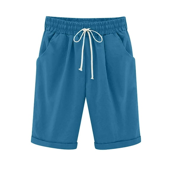 Tuphregyow Women High Waist Drawstring Shorts Plus Size Leisure Comfy Shorts Quick Dry Workout Knee Length Shorts With Pockets Solid Blue XXXL