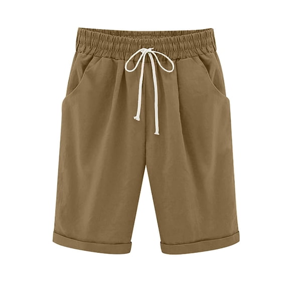Tuphregyow Women High Waist Drawstring Shorts Plus Size Leisure Comfy Shorts Quick Dry Workout Knee Length Shorts With Pockets Solid Coffee XXXXL