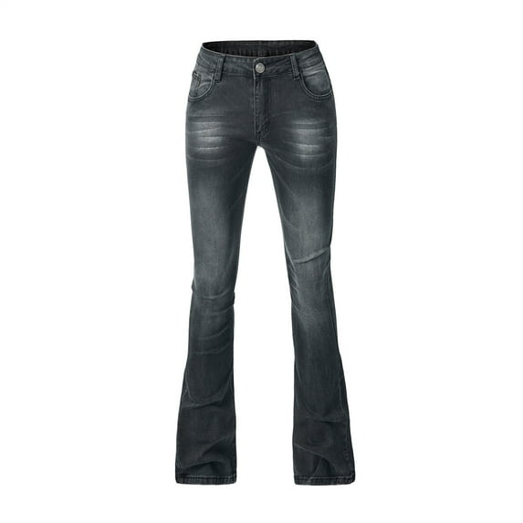 Tuphregyow Women High Waisted Jeans Trendy Baggy Straight Leg Casual Denim Pants Solid Color Soft Essential Jean Pants Flare Stretch Button Jeans Black XXXL