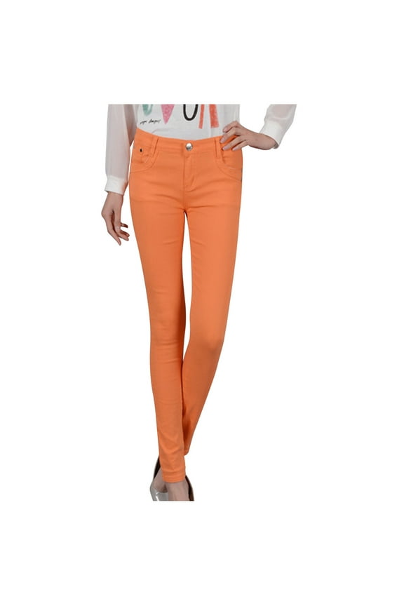 Women Instantly Slims Denim Pants Trendy High Waisted Wide Leg Skinny Baggy Jean Stretchy Straight Leg Jean Solid Orange 28