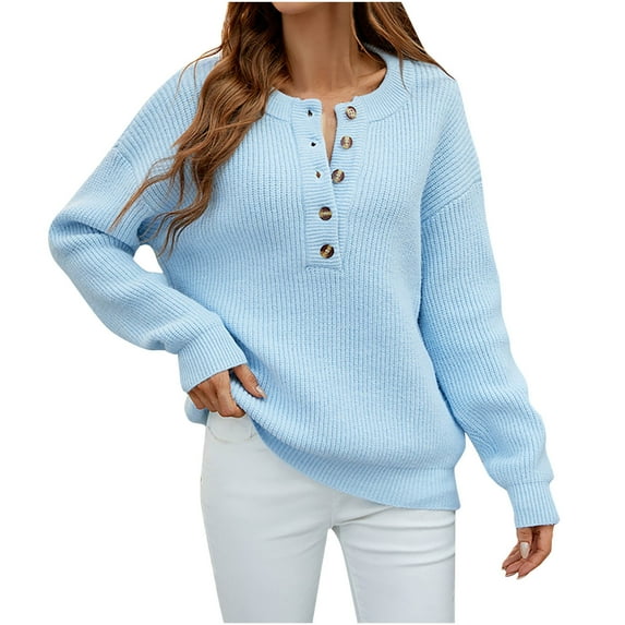 Tuphregyow Women Knitted Pullover Sweater Long Sleeve Crew Neck Trendy Solid Casual Lightweight Sweaters Soft Comfy Loose Oversized Button Up Sky Blue M