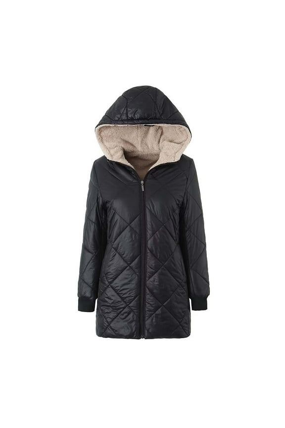 Women Packable Puffer Jacket Solid Trendy with Thick Stand Collar Winter Warm Puffy Jacket Hooded Lightweight Quilted Jacket Long Sleeve Black XL