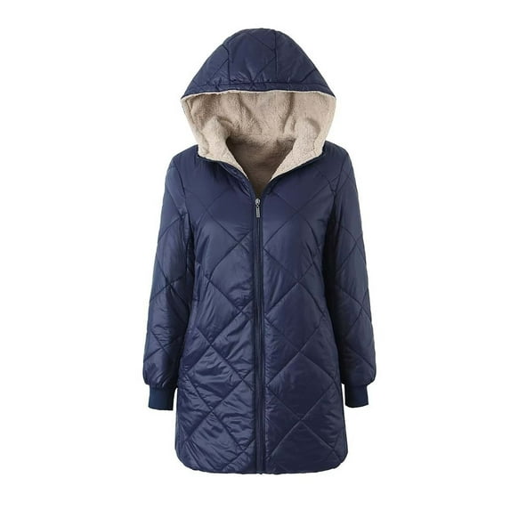 Tuphregyow Women Packable Puffer Jacket Solid Trendy with Thick Stand Collar Winter Warm Puffy Jacket Hooded Lightweight Quilted Jacket Long Sleeve Navy M