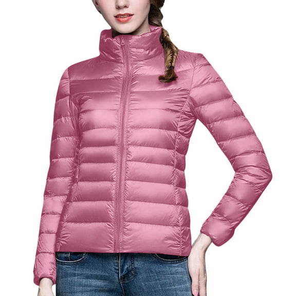 Tuphregyow Women Packable Puffer Jacket Trendy Solid with Plus Size Stand Collar Winter Warm Puffy Jacket Lightweight Quilted Jacket Long Sleeve Pink L