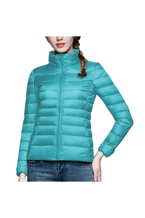 Women Packable Puffer Jacket Trendy Solid with Plus Size Stand Collar Winter Warm Puffy Jacket Lightweight Quilted Jacket Long Sleeve Light Blue M