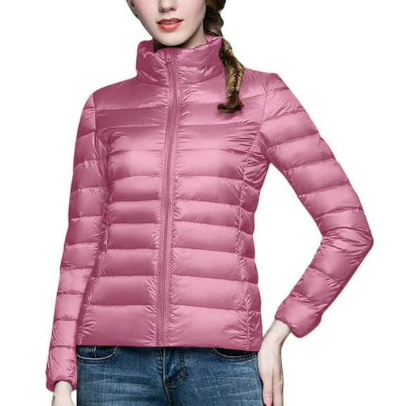 Tuphregyow Women Packable Puffer Jacket Trendy Solid with Plus Size Stand Collar Winter Warm Puffy Jacket Lightweight Quilted Jacket Long Sleeve Pink L