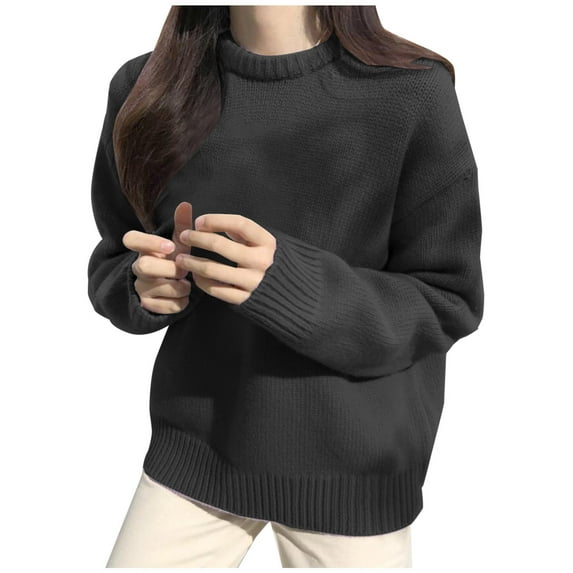 Tuphregyow Women Pullover Sweater Top Knit Sweater Casual Jumper Tops Solid Trendy Oversized Slim Fuzzy Chunky Warm Crew Neck Long Sleeve Black One Size