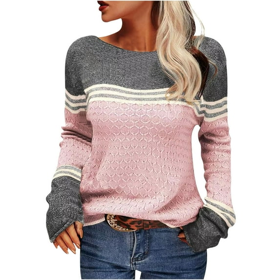 Tuphregyow Women Pullover Sweater Top Stripe Print Trendy Oversized Fuzzy Party Outdoor Chunky Warm Knit Sweater Casual Jumper Tops Crew Neck Long Sleeve Pink XXL