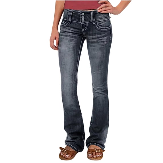 Tuphregyow Women Stretch Pull-On Jeans Solid Slim Regular Plus Size Mid Waisted Straight Leg Lightweight Jeans Skinny Ripped Denim Jeggings Trendy Black L