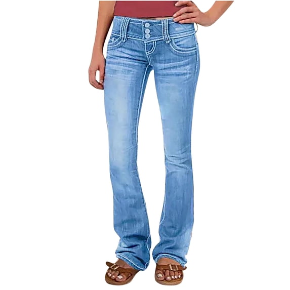 Tuphregyow Women Stretch Pull-On Jeans Solid Slim Regular Plus Size Mid Waisted Straight Leg Lightweight Jeans Skinny Ripped Denim Jeggings Trendy Light Blue S