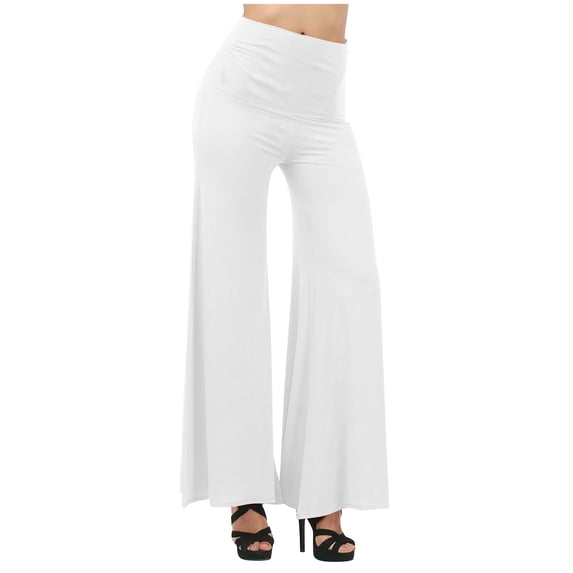 Tuphregyow Women Stretchy Wide Leg Pants Solid Color High Waist Palazzo Pants Workout Loose Casual Comfy Palazzo Lounge Pants Trendy White XXXL