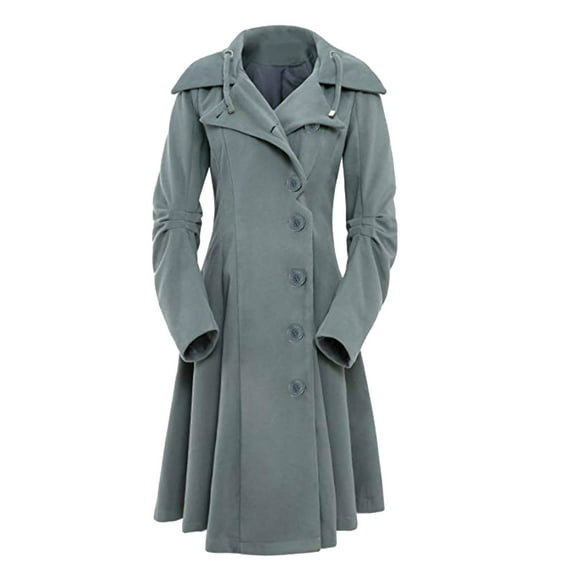 Tuphregyow Women Trench Coat Goth Wool Pea Jacket Solid Hood Winter Steam Punk Lapel Outwear Trendy Long Fitted Trenchcoat Gray L