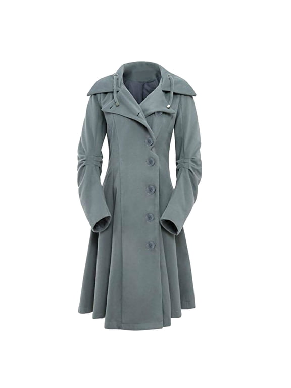 Women Trench Coat Goth Wool Pea Jacket Solid Hood Winter Steam Punk Lapel Outwear Trendy Long Fitted Trenchcoat Gray S