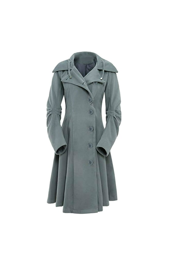 Women Trench Coat Goth Wool Pea Jacket Solid Hood Winter Steam Punk Lapel Outwear Trendy Long Fitted Trenchcoat Gray XXL
