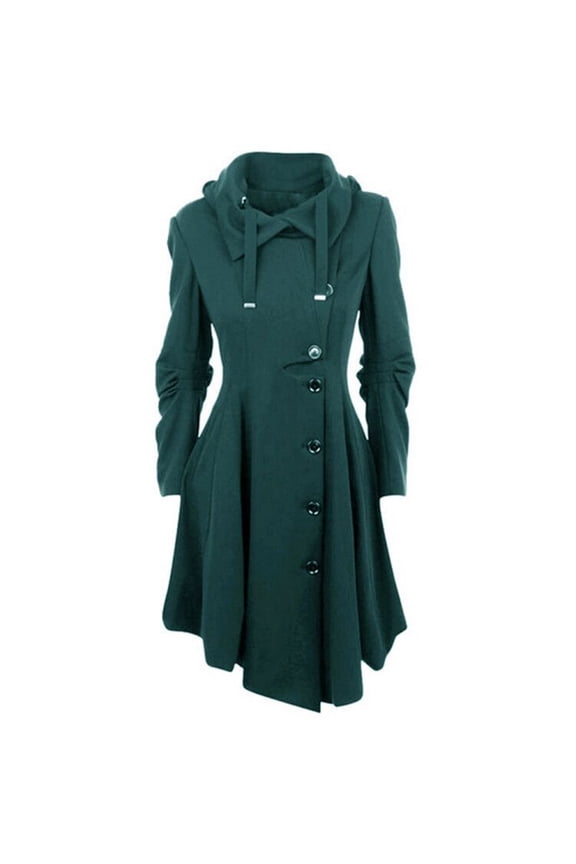 Women Trench Coat Goth Wool Pea Jacket Solid Trendy Hood Winter Steam Punk Lapel Outwear Long Fitted Trenchcoat Fashion Green L