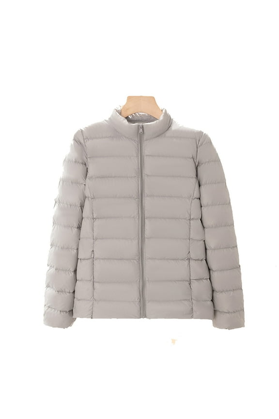 Women Warm Waterproof Puffer Jacket Packable Ultra Light Weight Short Down Jacket Long Sleeve Pockets Windproof Winter Coat Trendy Solid Gray XL
