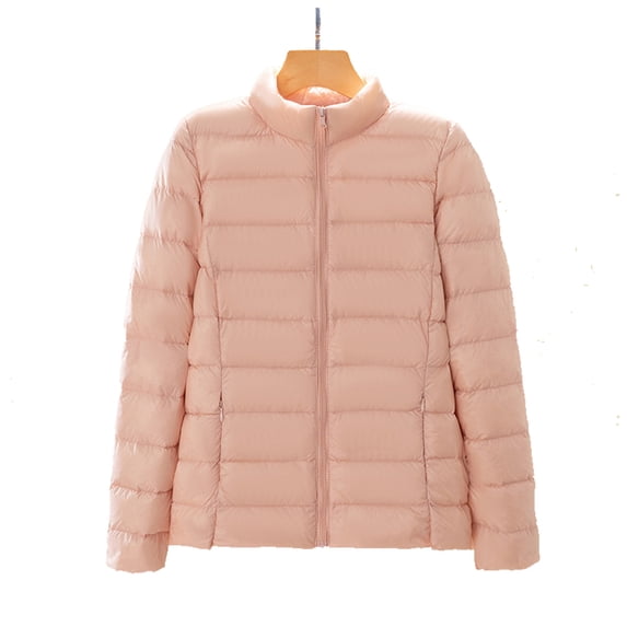 Tuphregyow Women Warm Waterproof Puffer Jacket Packable Ultra Light Weight Short Down Jacket Long Sleeve Pockets Windproof Winter Coat Trendy Solid Pink XXXXL