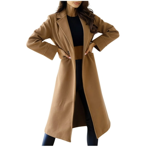 Tuphregyow Women Winter Long Sleeve Coat Jacket Lapel Button Open Front Hooded Cardigans Solid Trendy Outdoor Warm Outerwear with Pocket Khaki S