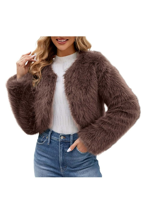 Women Winter Long Sleeve Coat Solid Warm Evening Outerwear with Pocket Jacket Fuzzy Fleece Open Front Hooded Cardigans Trendy Coffee S