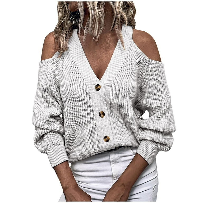 Loose Button Off Shoulder Sweaters Loose Button Off Shoulder Sweaters
