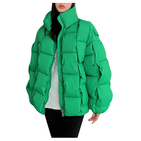 Tuphregyow Women Winter Windproof Warm Down Coats Fashion Puffer Jacket Solid Trendy Waterproof Thicken Oversized Lightweight Long Sleeve Full Zip Green L