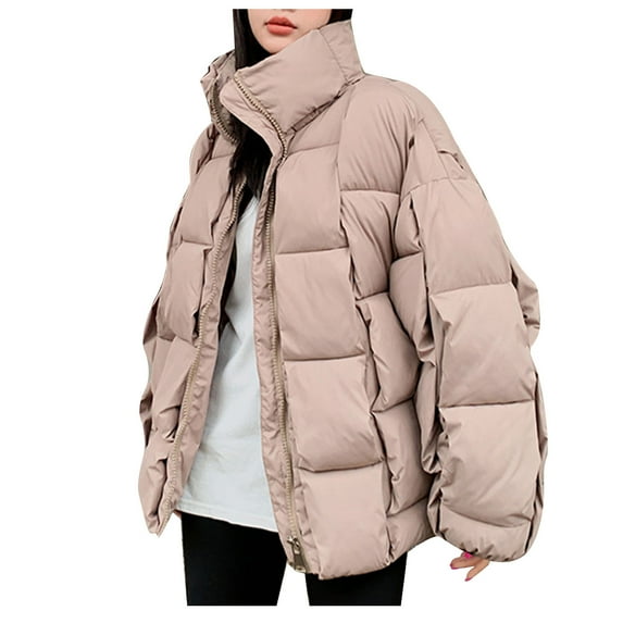 Tuphregyow Women Winter Windproof Warm Down Coats Fashion Puffer Jacket Solid Trendy Waterproof Thicken Oversized Lightweight Long Sleeve Full Zip Pink L