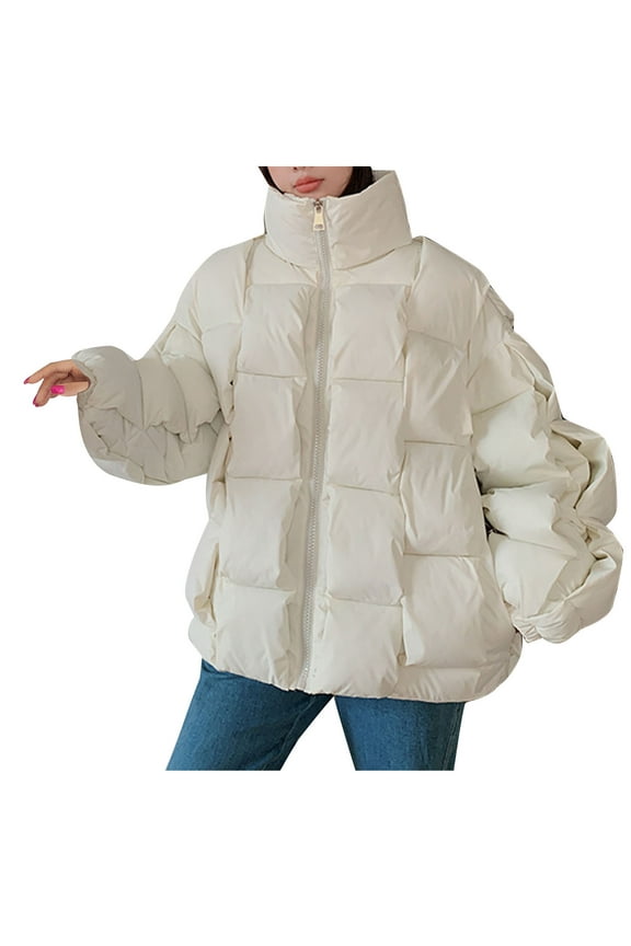 Women Winter Windproof Warm Down Coats Fashion Puffer Jacket Solid Trendy Waterproof Thicken Oversized Lightweight Long Sleeve Full Zip White XXL