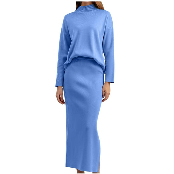 Tuphregyow Women's 2 Piece Set Slouchy Long Sleeve Crochet Sweaters Clearance Trendy Fashion Turtle Neck Pullover Solid Leisure Baggy Slim Pants Tops Plus Size Casual Light Blue Free Size