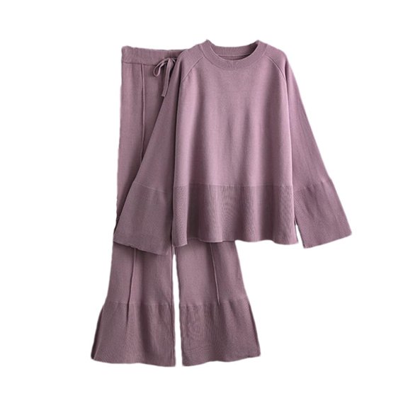 Tuphregyow Women's 2 Piece Set Slouchy Long Sleeve Crochet Sweaters Trendy Plus Size Flowy Solid Leisure Baggy Drawstring Pants Fashion Round Neck Pullover Gray Free Size