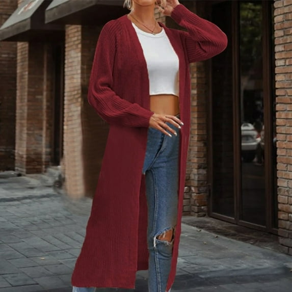 Tuphregyow Women's Baggy Casual Crochet Cardigan Clearance Trendy Solid Going Out New Style Long Sleeve Lightweight Sweater Fall Loose Open Front Outerwear Wine XXXL