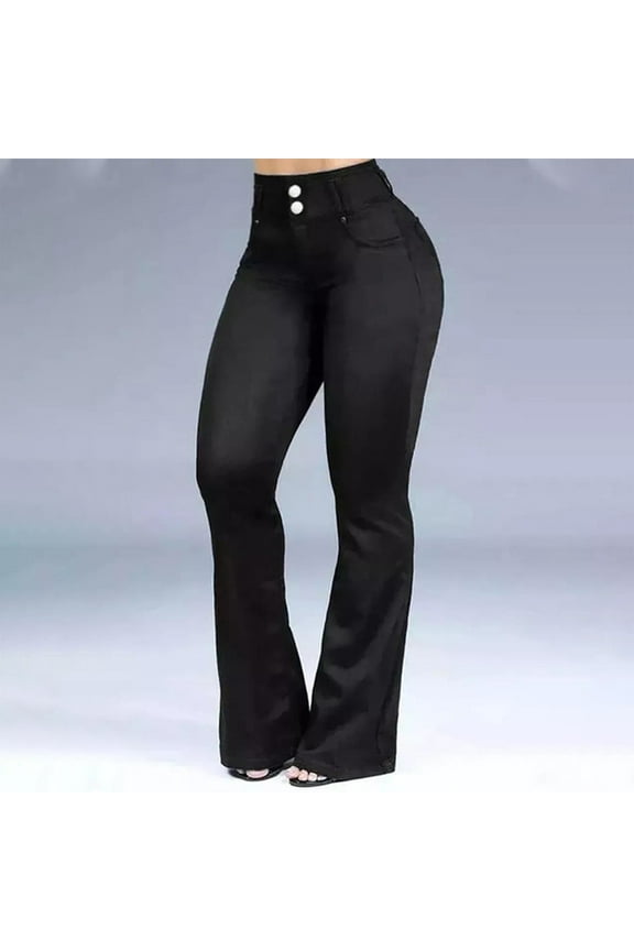 Women's Boot Cut Denim Jeans Breathable Leisure Lightweight Relaxed New Style Solid Trendy High Waist Button with Pockets Straight Leg Opening Casual Jeans Pants Black S