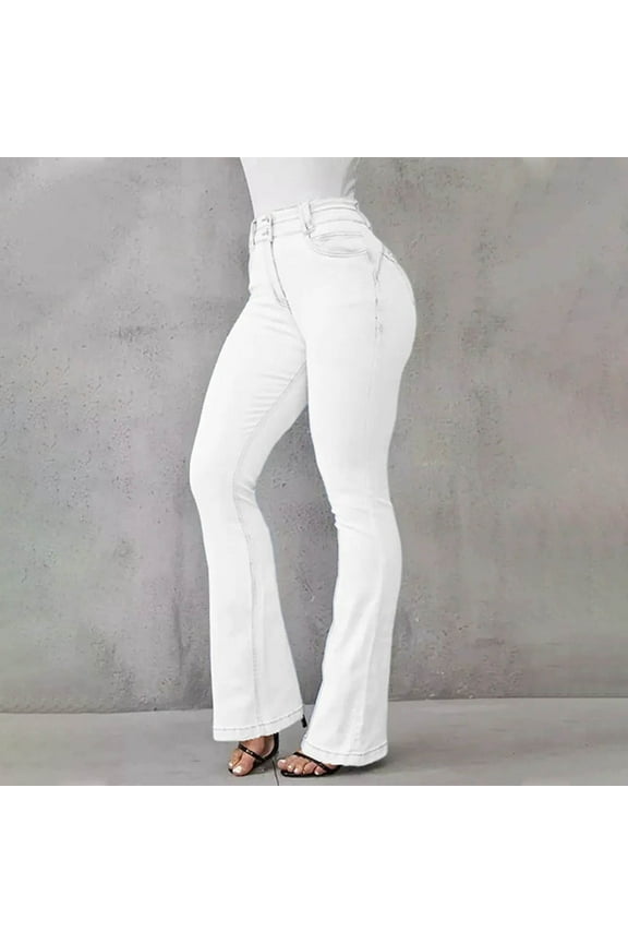 Women's Boot Cut Denim Jeans Breathable Leisure Lightweight Relaxed New Style Solid Trendy High Waist Button with Pockets Straight Leg Opening Casual Jeans Pants White XXL