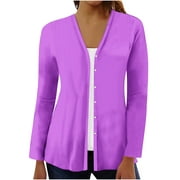 Tuphregyow Women's Button Down Long Sleeve Cardigans Clearance Autumn New Style Trendy Solid Baggy Open Front Fashion Outerwear Casual Soft Loose Sun Shirts Purple M