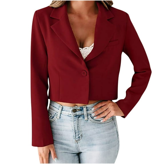 Tuphregyow Women's Casual Blazers Trendy Oversized Solid Color Work Office Jackets Blazer with Pockets Winter Cropped 3/4 Stretchy Ruched Sleeve Formal Open Front Long Sleeve Wine L
