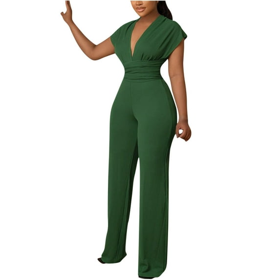 Tuphregyow Women's Casual Cold Shoulder Jumpsuit with Wide Leg Pants, Trendy and Comfy Suspender Jumpsuit Lady Outdoor Comfy Pants Green S