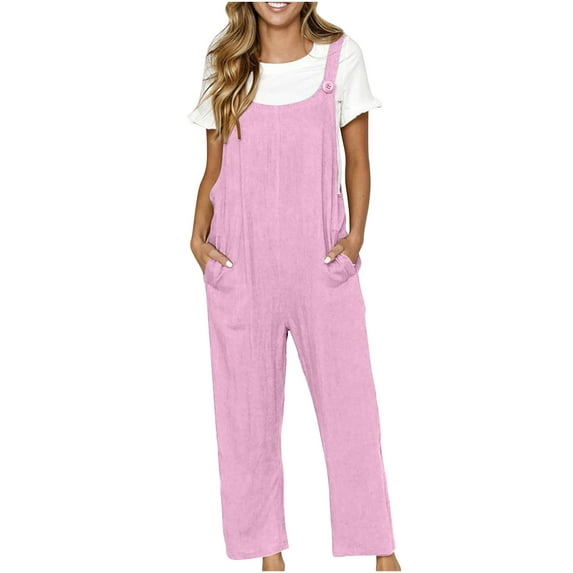 Tuphregyow Women's Casual Sleeveless Jumpsuits Adjustable Spaghetti Strap Stretchy Solid Color Lounge Stretch Relaxed Romper with Pockets Overalls Long Pants Stretchy Trendy Pink XXXL