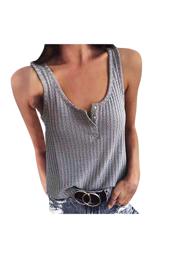 Women's Clothes Summer Clothes for Teen Girls Y2K Clothing V Neck Tank Top for Women Solid Camisole Button Vests Sleeveless Blouses Oversized T Shirts for Women Gray XXL