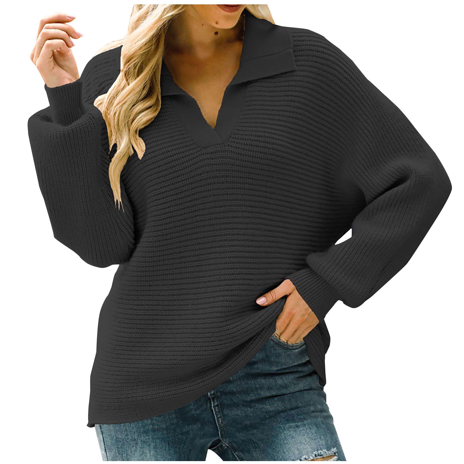 Tuphregyow Women s Collared V Neck Sweater Clearance Casual Long Sleeve Knit Tops Trendy Solid Crochet Winter Lightweight Loose Leisure Pullover Black XL Walmart Business Supplies