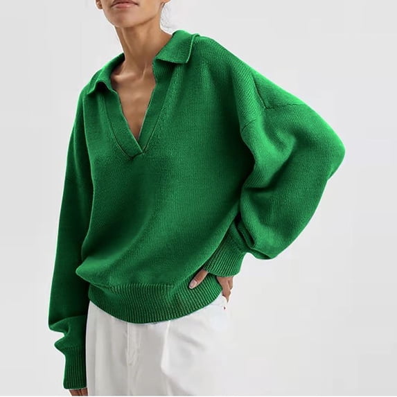 Tuphregyow Women's Collared V Neck Winter Sweaters Clearance Slouchy Fashion Sweater Tops Packable Cute Long Sleeve Knit Tunic Solid Trendy Green S