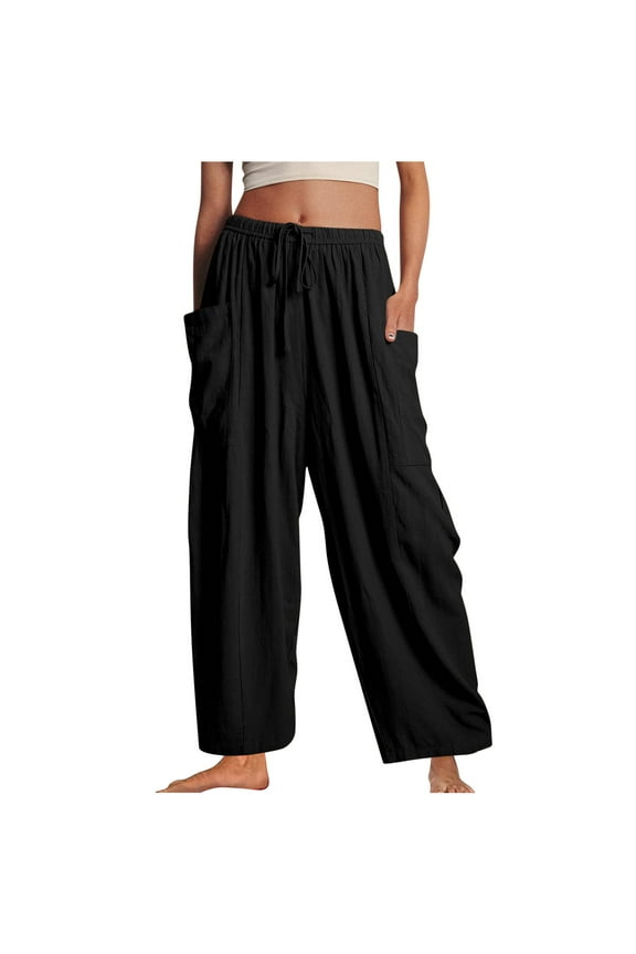 Women's Cotton Linen Baggy Pants Wide Leg Casual Loose with Pockets Pants Trendy New Style High Waist Loose Wrap Pants Drawstring Outdoor Solid Black L