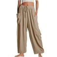 thumbnail image 1 of Tuphregyow Women's Cotton Linen Baggy Pants Clearance Wide Leg Casual Loose with Pockets Pants Trendy New Style High Waist Loose Wrap Pants Drawstring Outdoor Solid Khaki XXXL, 1 of 8